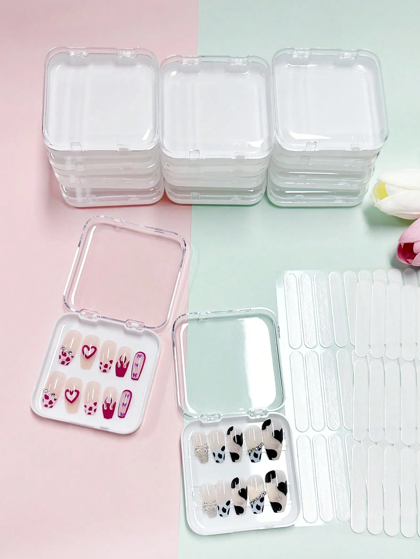 12pcs Acrylic Nail Storage Box, with 60pcs Double Sided Adhesive Tape