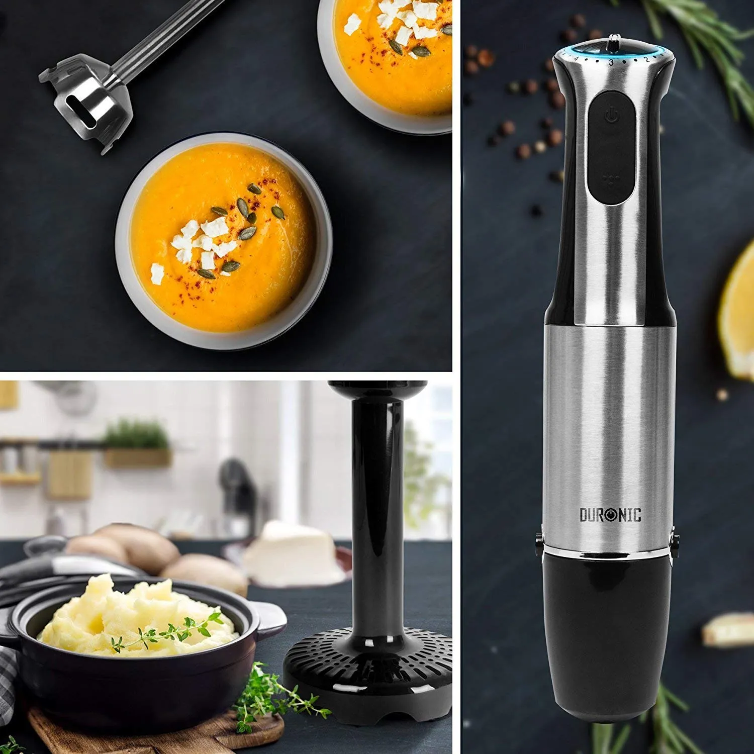 Duronic Hand Blender HB8010 | Immersion Stick Blender | 5 Speed | Turbo Function | 800W | Stainless-Steel | Cooking Wand with Four Attachments: Whisk, Chop, Mash & Blend | 2 Jugs | Plus Storage Stand