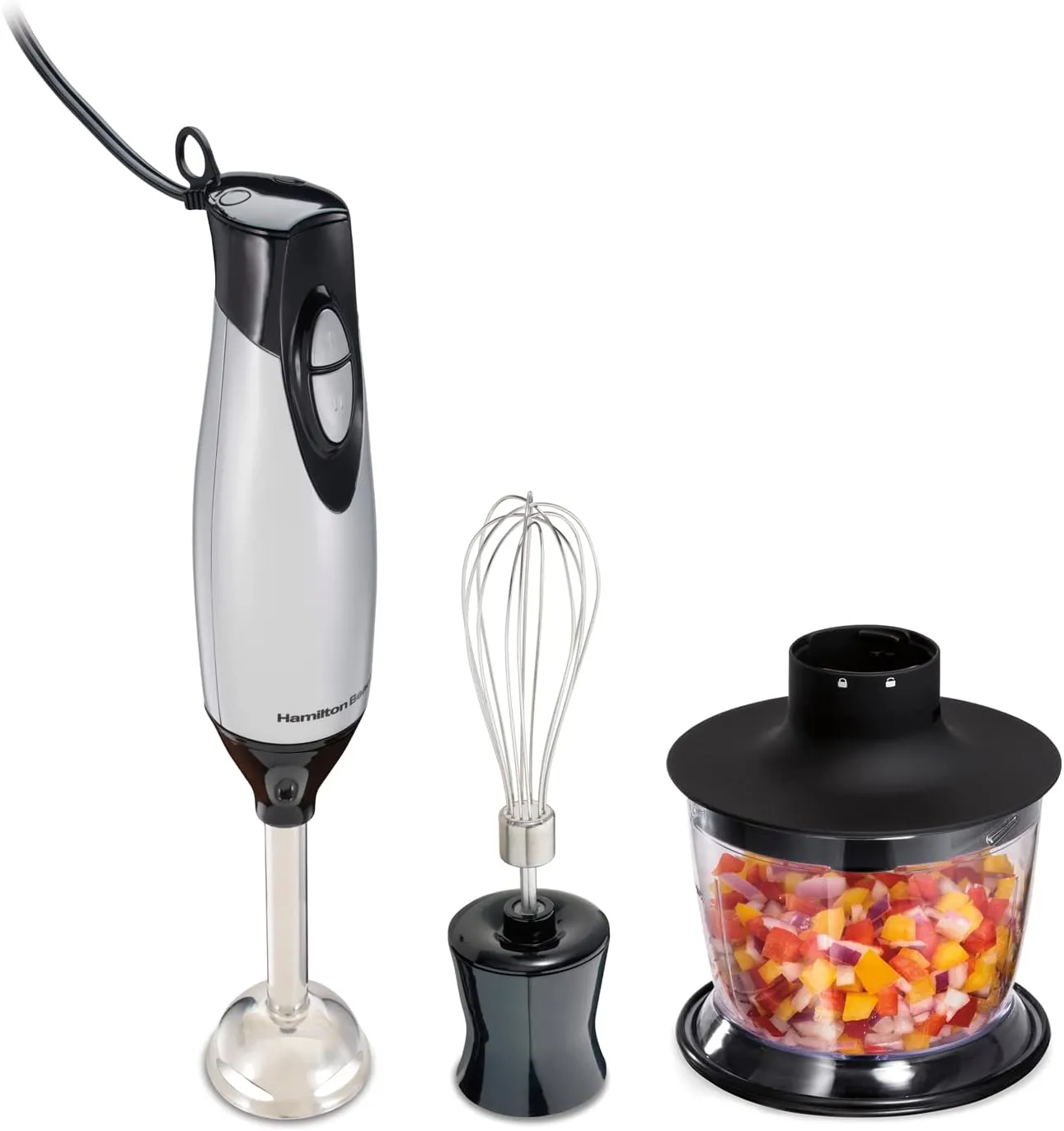 Electric Hand Blender with Whisk & Chopper Bowl – 2 Speeds, 225 Watts, Silver