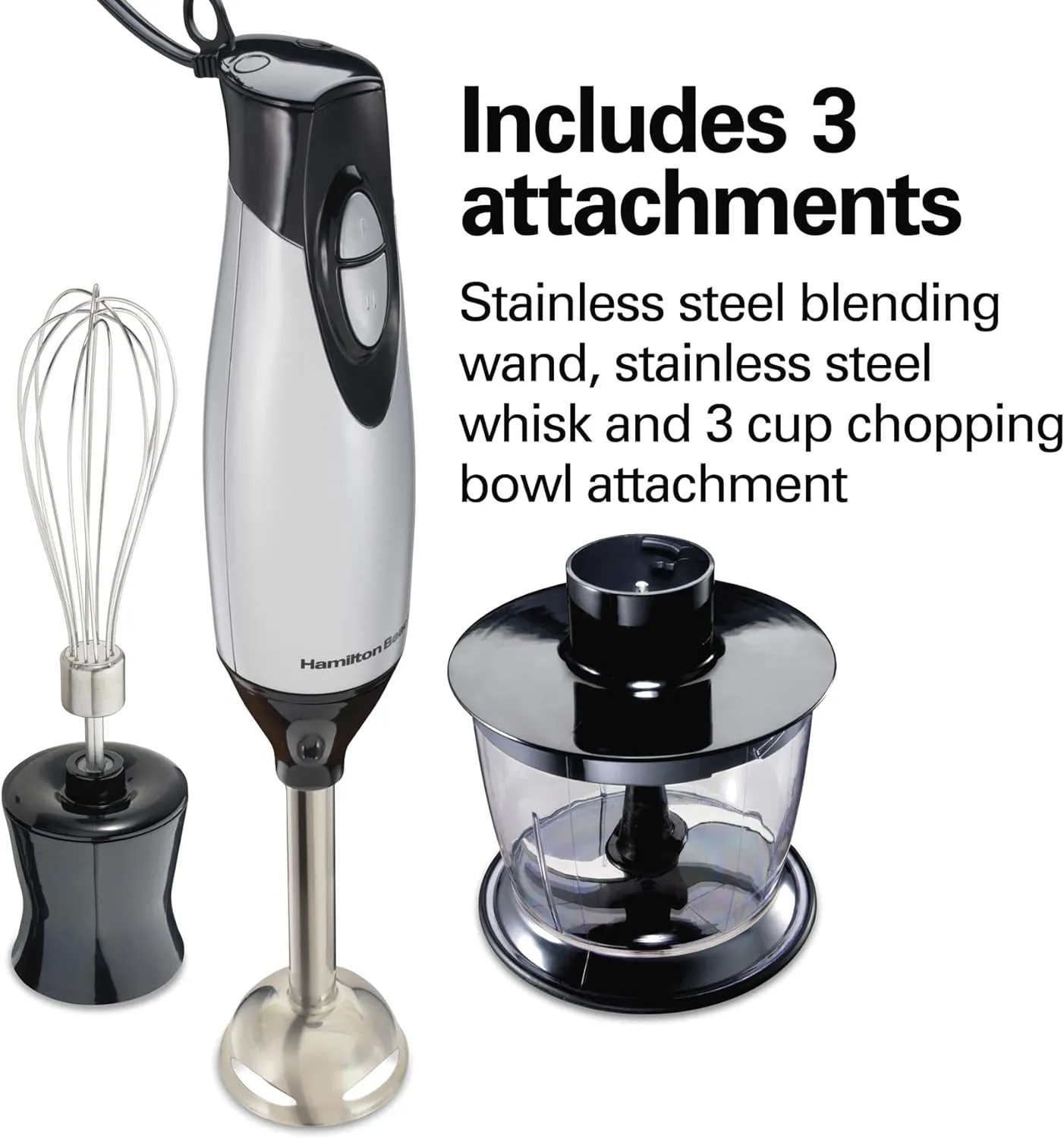 Electric Hand Blender with Whisk & Chopper Bowl – 2 Speeds, 225 Watts, Silver