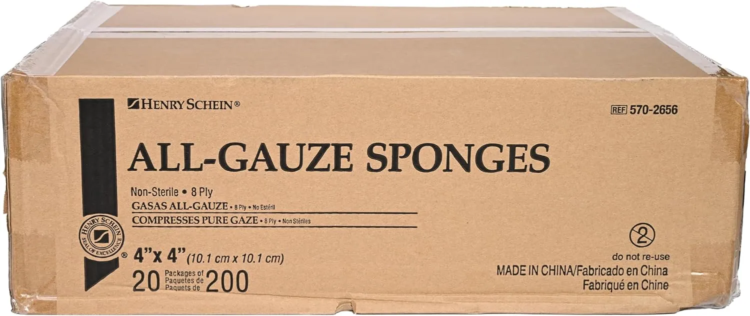 Henry Schein 200/Pack Non-Sterile Gauze Pads for Wound Dressing Gauze Sponge-Pads for Wound Care - 8-Ply - 100% Cotton & Highly Absorbent - 1 Pack (200/Pack)